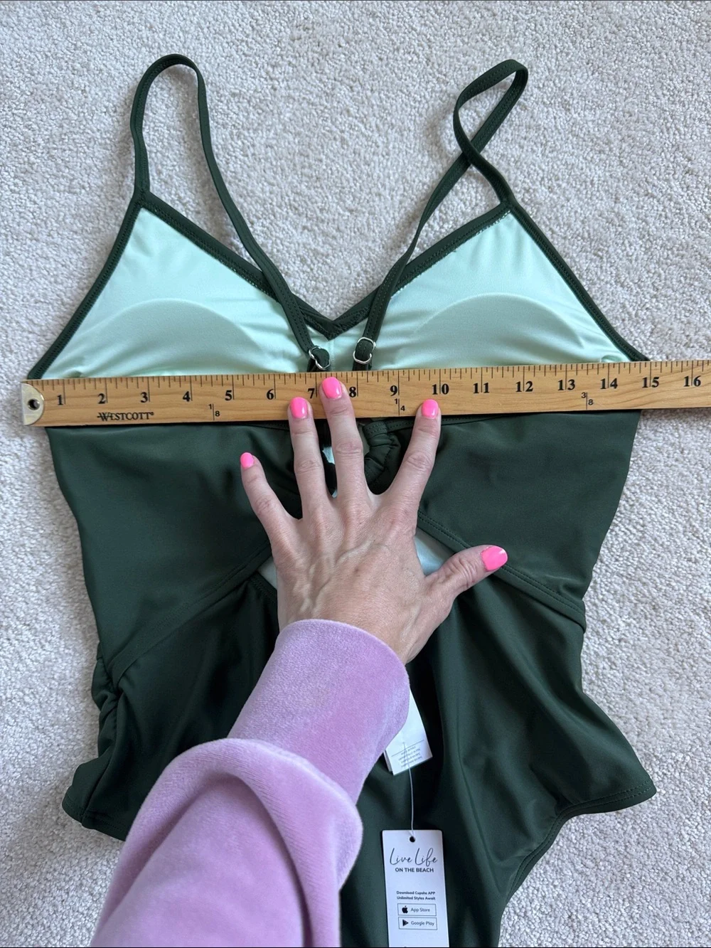 NWT Cupshe Olive Green One-Piece Swimsuit Sz Med Open Back Boho Vacation Preppy